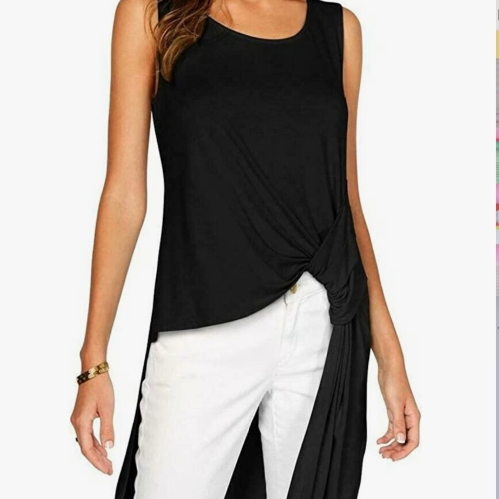 Black Hi-Low Tank Tunic Top w/Front Knot. Black. Size L